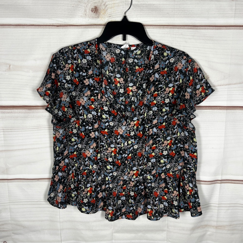Gap Floral Peplum Blouse Womens Medium Black Multicolor‎ Ruffle Sleeve Tie Neck
